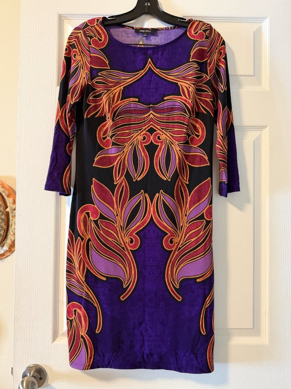 Nine West purple and orange leaf pattern colorful midi dress size 2